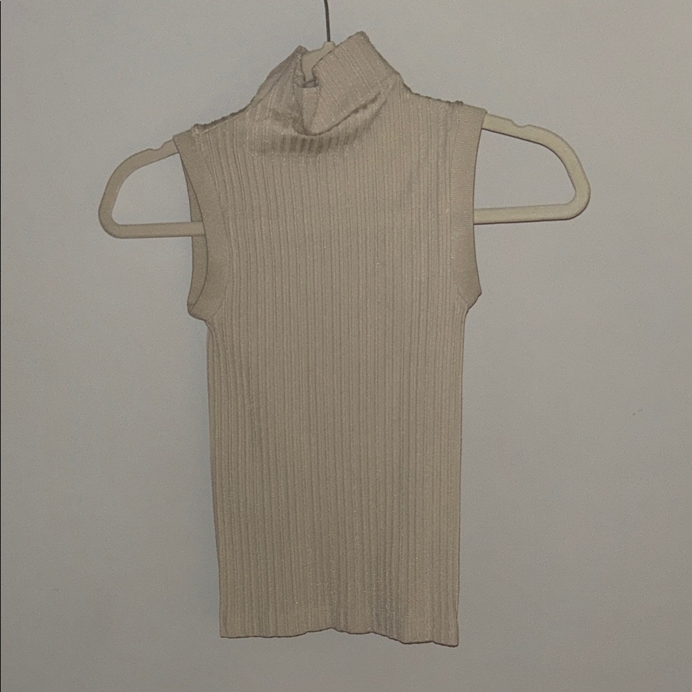 Sleeveless Ribbed Turtleneck Blouse - Beige